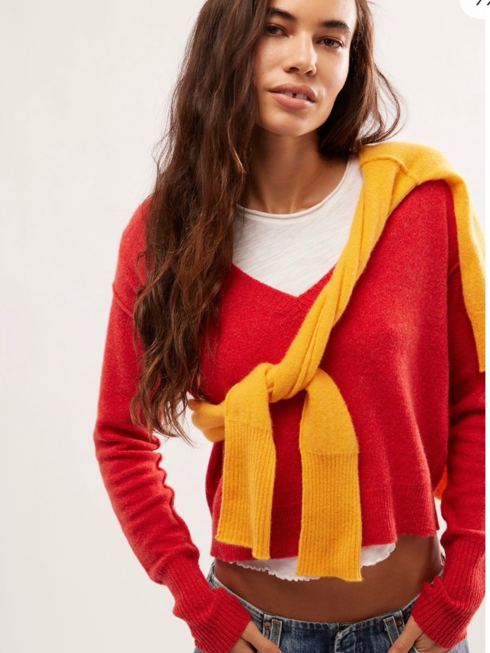 Free People Red V-Neck Cashmere Sweater